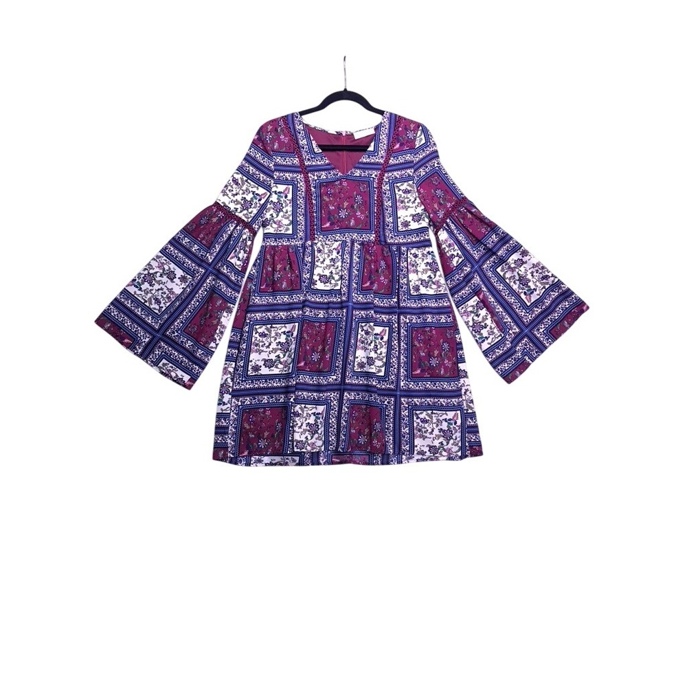 Altar'd State Mini Dress Womens Small Purple Patchwork Bell Sleeve LD42571A Boho